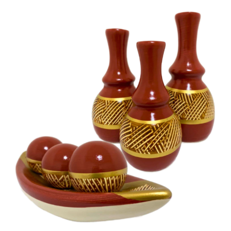 Conjunto Decorativo de Vasos + Fruteira em Cerâmica Artesanal com Esferas Pintadas à Mão – 7 Peças Exclusivas – Luara Decor
