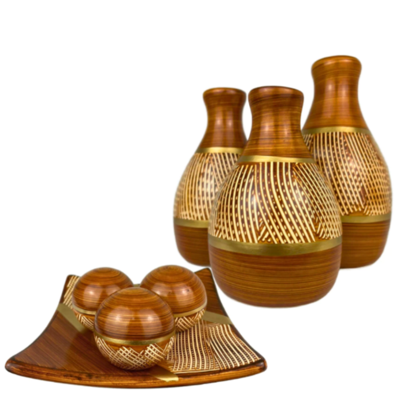 Conjunto Decorativo de Vasos + Fruteira em Cerâmica Artesanal com Esferas Pintadas à Mão – 7 Peças Exclusivas – Luara Decor