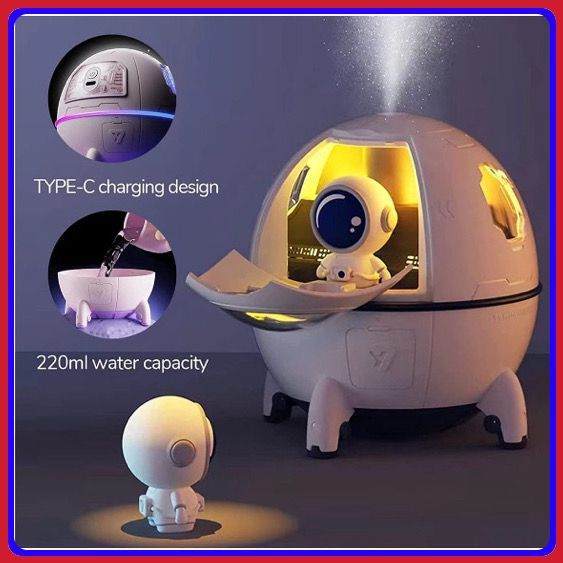 Umidificador de Ar Astronauta 220ml Luz LED Colorida Pulverizador De Névoa USB