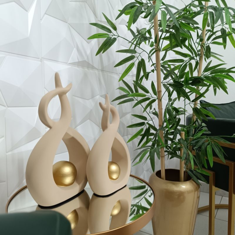 Par de Esculturas de Louças Abstratas Decoração para casa – Esfera Dourada Bege Luxo