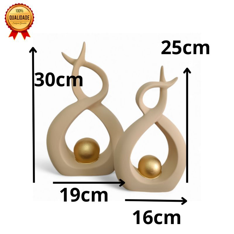 Par de Esculturas de Louças Abstratas Decoração para casa – Esfera Dourada Bege Luxo