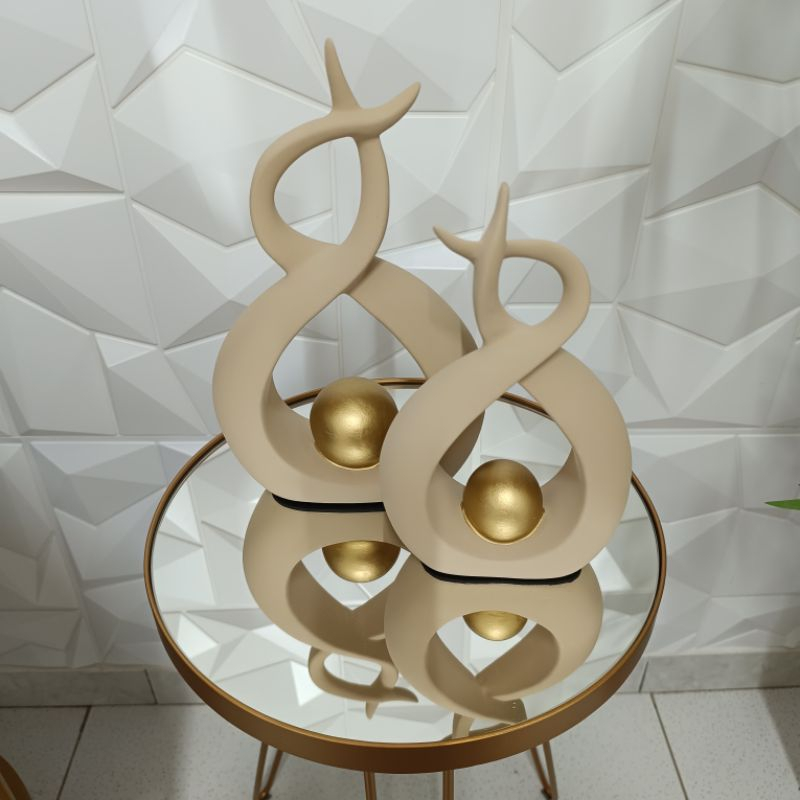 Par de Esculturas de Louças Abstratas Decoração para casa – Esfera Dourada Bege Luxo