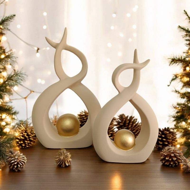 Par de Esculturas de Louças Abstratas Decoração para casa – Esfera Dourada Bege Luxo