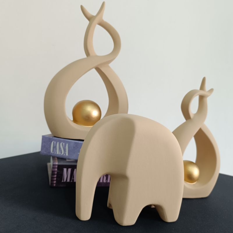 Par de Esculturas de Louças Abstratas Decoração para casa – Esfera Dourada Bege Luxo