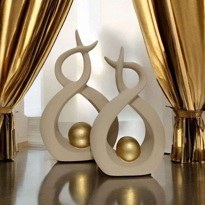 Par de Esculturas de Louças Abstratas Decoração para casa – Esfera Dourada Bege Luxo