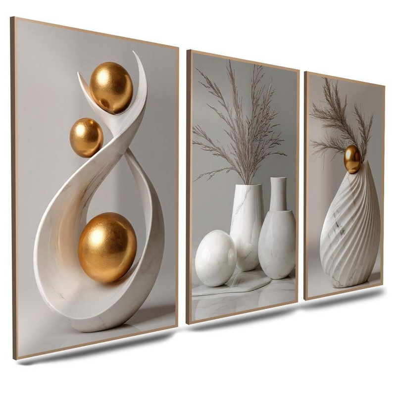 Quadro Decorativo 3 Peças Abstrato Geométrico Estilo Zen – Moderno para Sala, Quarto e Escritório – Luara Decor