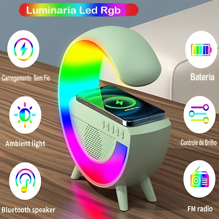 Caixa De Som Led Luminária Bluetooth Alto Falante Carregador Sem Fio Lâmpada Mesa RGB Alarme Relógio