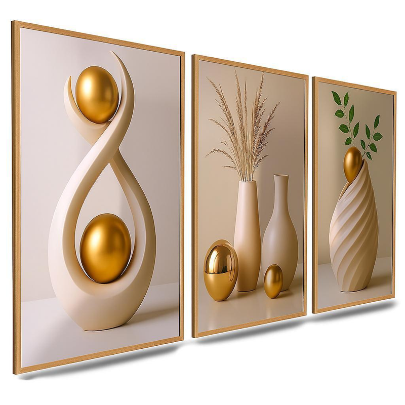 Quadro Decorativo 3 Peças Abstrato Geométrico Estilo Zen – Moderno para Sala, Quarto e Escritório – Luara Decor