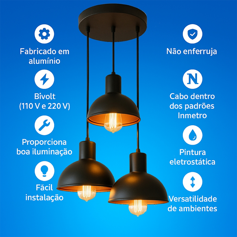 Lustre Pendente Luminária Joana tripla Quarto Sala Cozinha