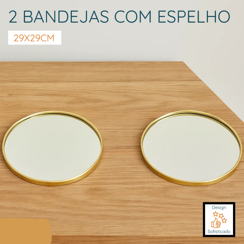 Bandeja Espelhada Dourada – Formato Redondo ou Triângulo, Metal + Vidro Premium | Decorativa para Sala, Banheiro e Aparadores – Luara Decor