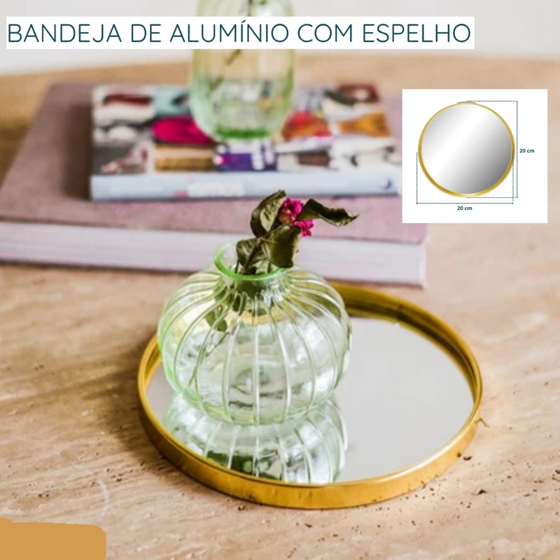 Bandeja Espelhada Dourada – Formato Redondo ou Triângulo, Metal + Vidro Premium | Decorativa para Sala, Banheiro e Aparadores – Luara Decor